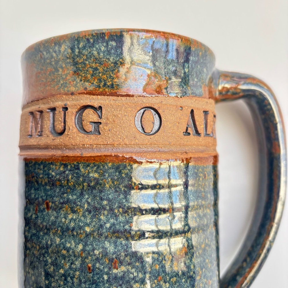 Handcrafted Large Mug-O-Ale Rustic Ceramic Blue Brown Beer‎ Mug Textured Design